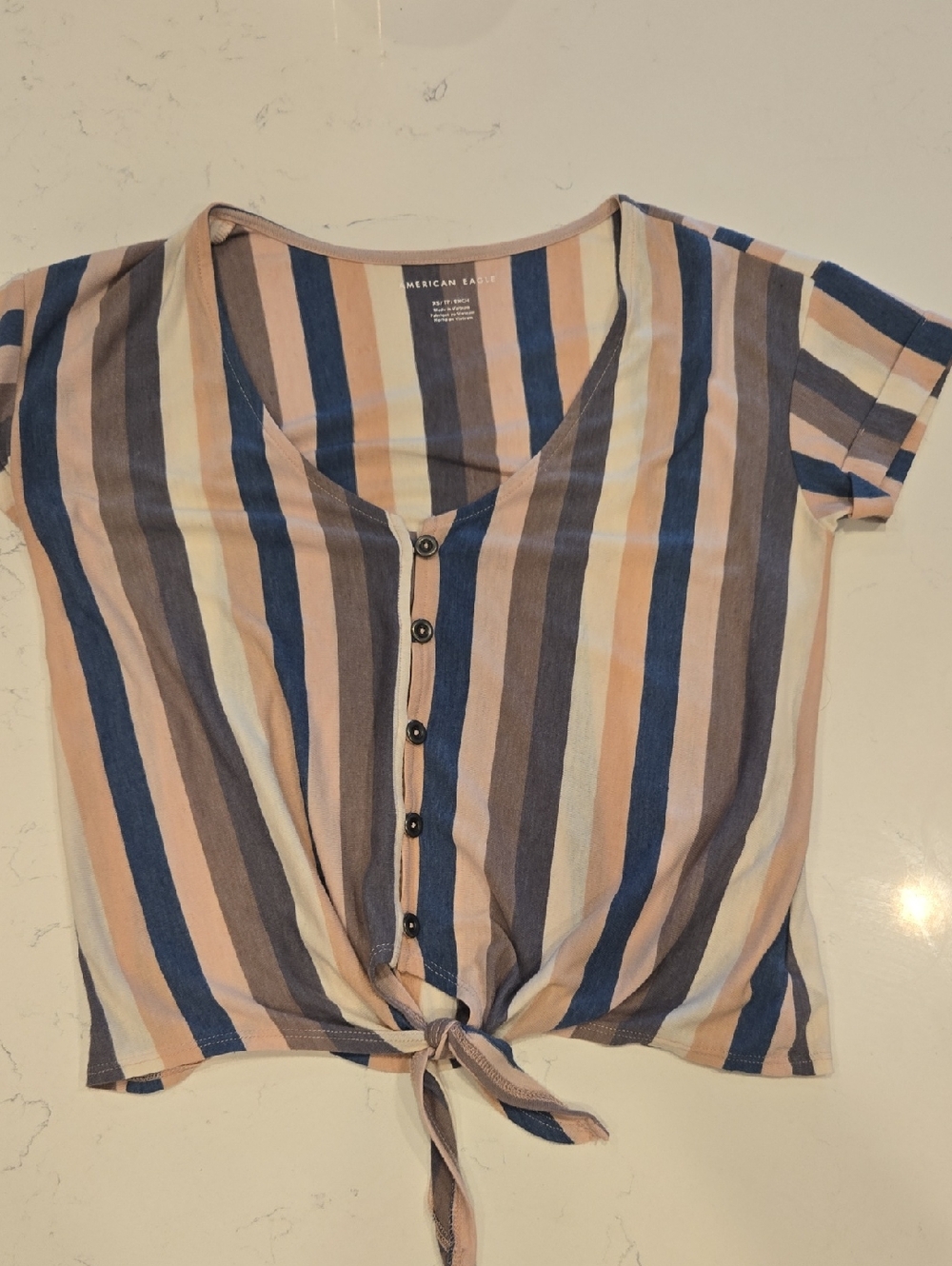 American Eagle Outfitters Striped Tie-Front Top in Blue, Tan, Cream, Brown